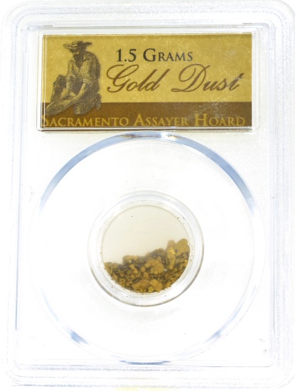 1.5 Grams Gold Dust Sacramento Assayer Hoard PCGS