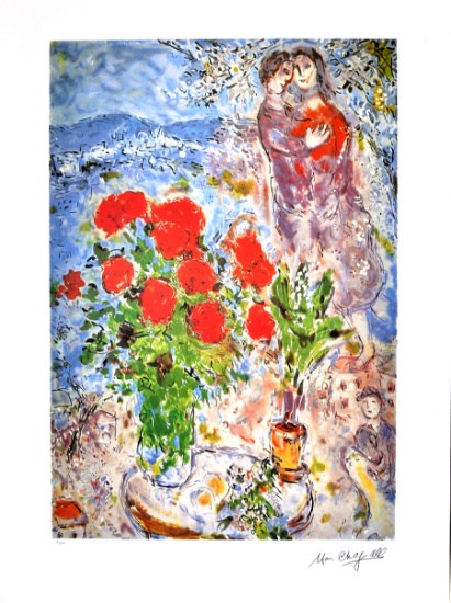 MARC CHAGALL (After) Red Bouquet with Lovers Print, I292 of 500