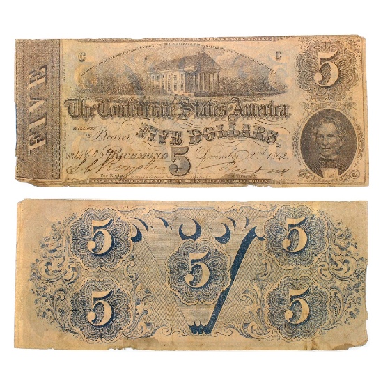 Rare 1862 US Confederate $5 Note Great Investment