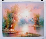 Oil Painting On Canvas- Fall Season Nature Landscape And Flying Ducks Over Lake- 23.5''x27''