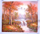 Oil Painting On Canvas- Fall Winter Season- Mountain Lake With Water Fall- 23.5''x27''