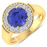 APP: 10.5k Gorgeous 14K Yellow Gold 1.86CT Round Cut Tanzanite and White Diamond Ring - Great Invest