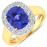 APP: 14.4k Gorgeous 14K Yellow Gold 2.71CT Cushion Cut Tanzanite and White Diamond Ring - Great Inve