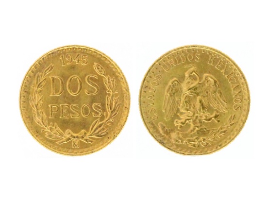 Rare 1945 Mexico Uncirculated Dos Pesos Gold Coin - Great Investment -
