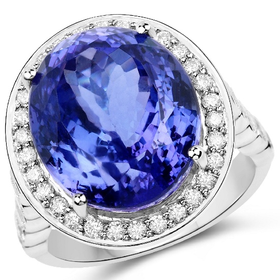 *18KT. White Gold 18.50 Oval Cut Tanzanite and White Diamond Ring (Vault_Q) (QR23436TANWD-18KT.W-8)