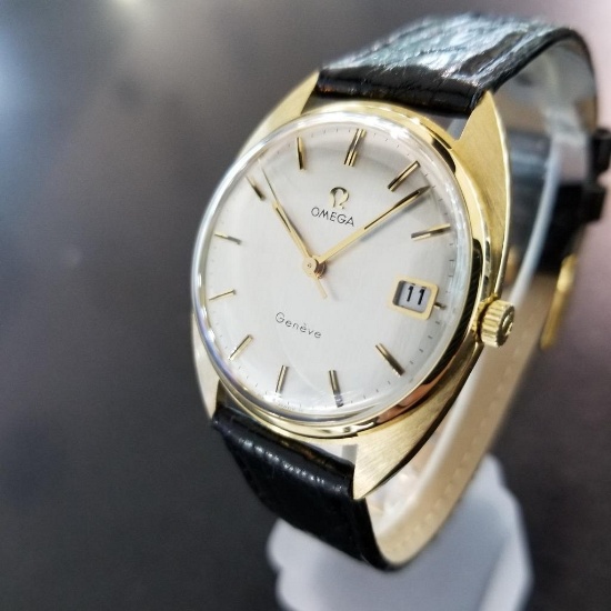 *Omega Geneve Solid 18k Gold Swiss 34mm Manual Mens Vintage Watch -P-