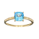 Designer Sebastian 14KT. Gold, Cushion Cut Blue Topaz and 0.05CT Round Brilliant Cut Diamond Ring