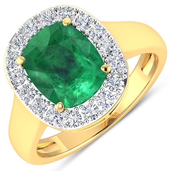 APP: 16.6k Gorgeous 14K Yellow Gold 2.16CT Cushion Cut Zambian Emerald and White Diamond Ring - Grea