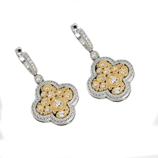 *Fine Jewelry 14KT. Two Tone Gold, .65CT Round Brilliant Cut Diamond Drop Earring (VGN A-64E)
