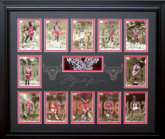*Rare Michael Jordan 12 Player Card Museum Framed Collage - Plate Signed