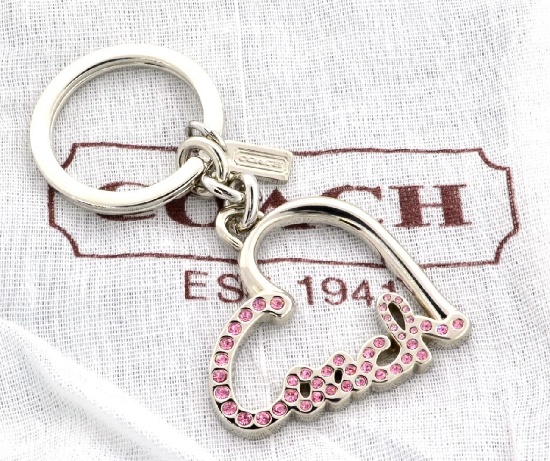 New Coach Pink Crystal Gems Pave Script Key Chain
