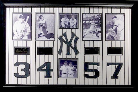 *Rare New York Yankees All-Time Retired Numbers 3, 4, 5, and 7 Museum Framed Collage - Plate Signed