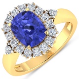 APP: 11.2k Gorgeous 14K Yellow Gold 1.86CT Cushion Cut Tanzanite and White Diamond Ring