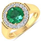 APP: 12.7k Gorgeous 14K Yellow Gold 1.71CT Round Cut Zambian Emerald and White Diamond Ring
