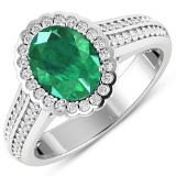 APP: 10.2k Gorgeous 14K White Gold 1.41CT Oval Cut Zambian Emerald and White Diamond Ring - Great In