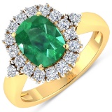 APP: 13.5k Gorgeous 14K Yellow Gold 1.61CT Cushion Cut Zambian Emerald and White Diamond Ring - Grea