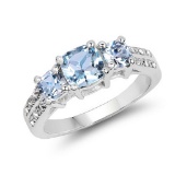 1.98 Cushion Cut Blue Topaz and White Topaz .925 Sterling Silver Ring
