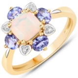 APP: 1.7k 10KT Yellow Gold 6.00mm Ethiopian Opal 0.68CT Tanzanite and White Diamond Ring -Great Inve