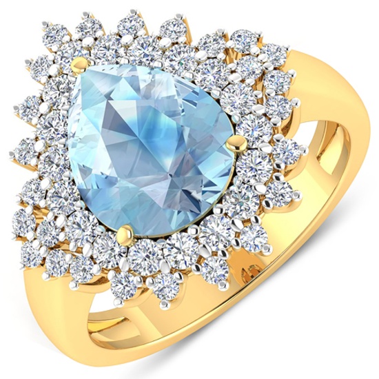 APP: 12.5k Gorgeous 14K Yellow Gold 2.11CT Pear Cut Aquamarine and White Diamond Ring - Great Invest