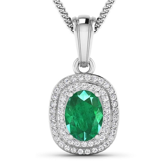 APP: 5.7k Gorgeous 14K White Gold 0.96CT Oval Cut Zambian Emerald and White Diamond Pendant - Great