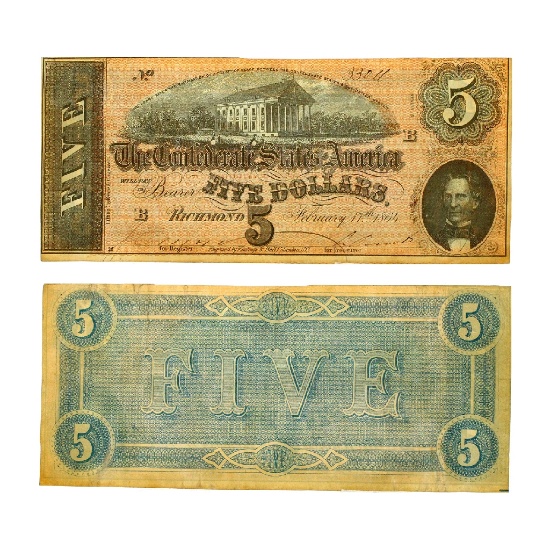 Rare 1864 $5 The Confederate States of America Richmond Note - Great Investment -