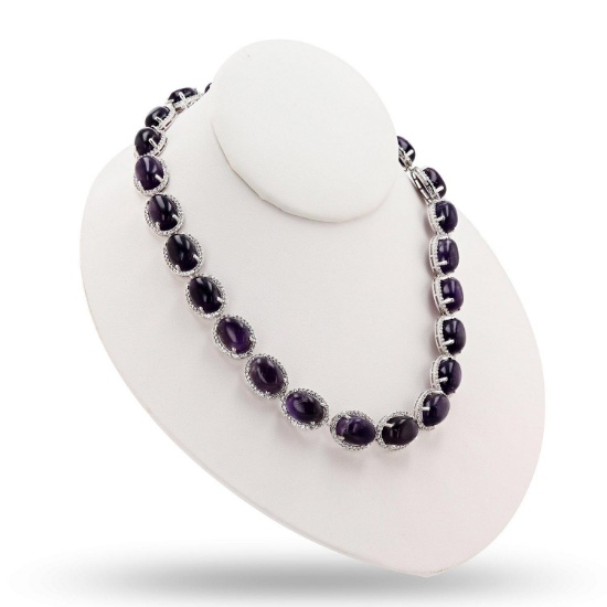 APP: 19k 186.78ctw Amethyst and 7.74ctw Colorless Sapphire Silver Necklace (Vault_R16_38073)