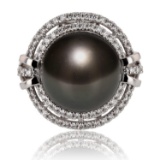 APP: 7.3k 13mm Tahitian Pearl and 0.43ctw Diamond Platinum Ring (Vault_R16_38047)