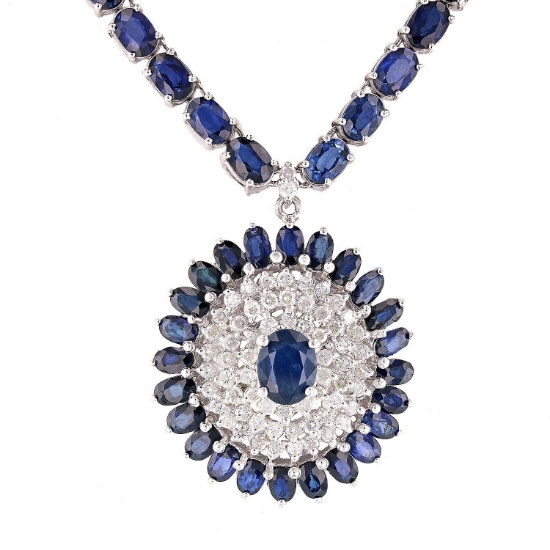 APP: 24.4k 39.97ctw Blue Sapphire and 1.84ctw Diamond 14KT White Gold Necklace (Vault_R15_4909)