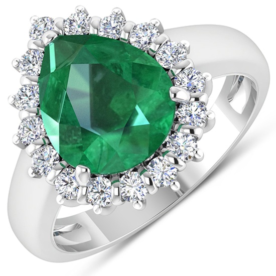 APP: 16.8k Gorgeous 14K White Gold 2.51CT Pear Cut Zambian Emerald and White Diamond Ring - Great In