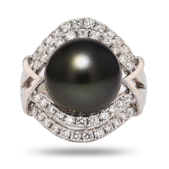 APP: 10.7k 13mm Tahitian Pearl and 0.97ctw Diamond Platinum Ring (Vault_R16_38740)