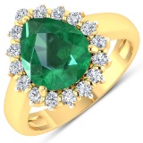 APP: 16.3k Gorgeous 14K Yellow Gold 2.51CT Pear Cut Zambian Emerald and White Diamond Ring - Great I