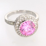 Platinum Overlay Sterling Silver French Pink Cubic Zirconium Ring