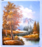 Oil Painting On Canvas- Cottage By Mountain in Winter- 23.5''x27''
