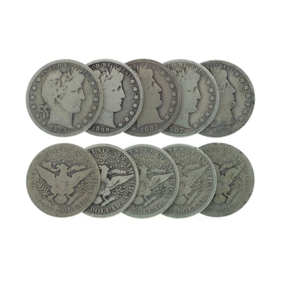 Rare (5) Assorted Dates Barber Head Half Dollar Coins