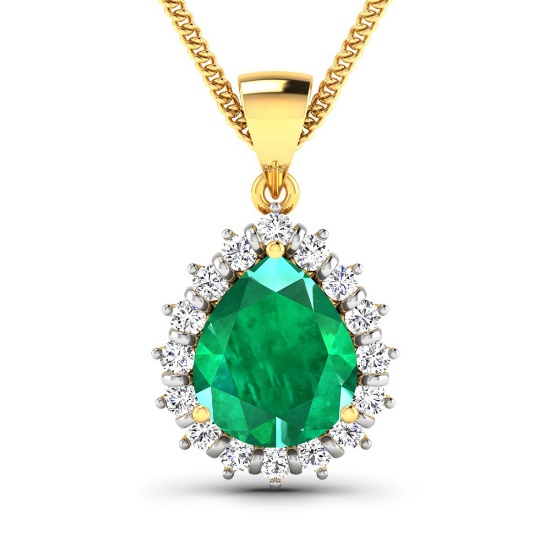 *14KT Yellow Gold 2.85CT Pear Cut Zambian Emerald and White Diamond Pendant w/ 18 Chain (Vault_Q) (Q