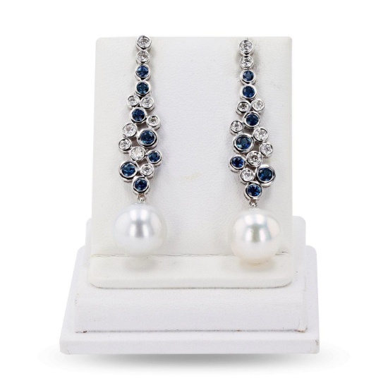 APP: 10.9k 11mm South Sea Pearl and 1.70ctw Blue Sapphire and 0.86ctw Diamond 18K White Gold Earring