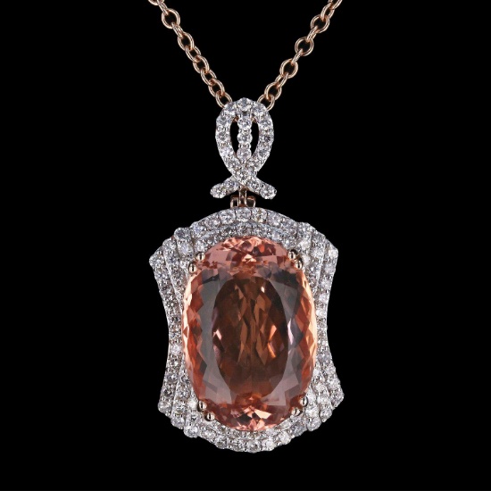 23.99ct Morganite and 1.98ctw Diamond 14K Rose Gold Pendant/Necklace - Condition - Brand New - (Vaul