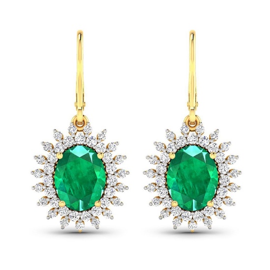 *14KT Yellow Gold 3.06CT Oval Cut Zambian Emerald and White Diamond Earrings (Vault_Q) (QE11323WD-14