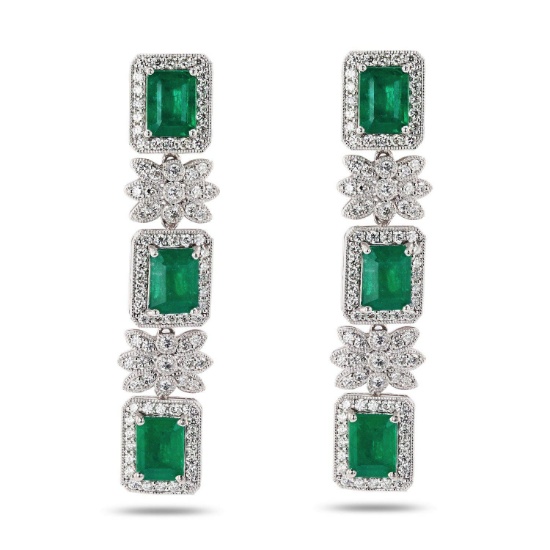 9.23ctw Emerald and 2.38ctw Diamond Platinum Earrings - Condition - Brand New - (Vault_R25_ 43275)
