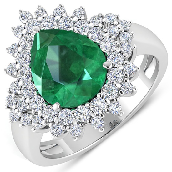 14K White Gold 2.51CT Pear Cut Zambian Emerald and White Diamond Ring (Vault_Q) (QR25945WD-14KW-SM-Z