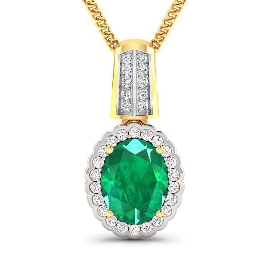 14KT Yellow Gold 1.65CT Oval Cut Zambian Emerald and White Diamond Pendant w/ 18 Chain (Vault_Q) (QP