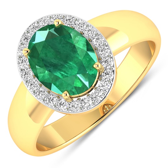 14K Yellow Gold 1.41CT Oval Cut Zambian Emerald and White Diamond Ring (Vault_Q) (QR23917WD-14KY-SM-