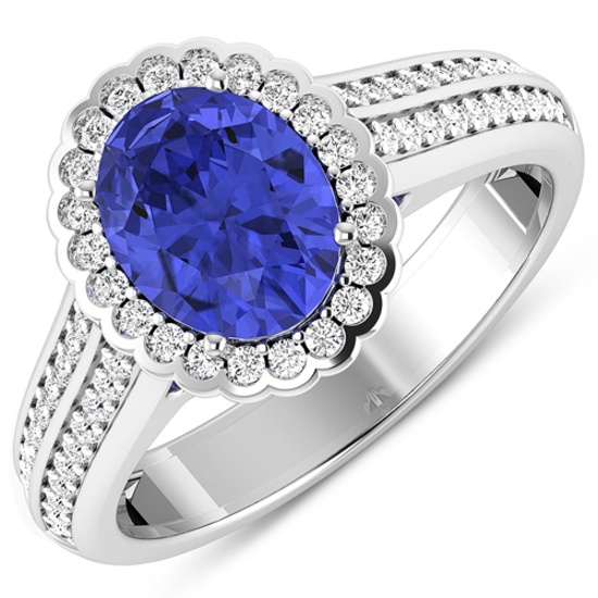 14K White Gold 1.31CT Oval Cut Tanzanite and White Diamond Ring (Vault_Q) (QR24206WD-14KW-SM-TAN)