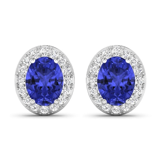 14KT White Gold 2.18CT Oval Cut Tanzanite and White Diamond Earrings (Vault_Q) (QE11304WD-14KW-SM-TA