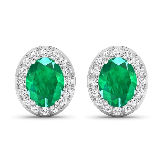 14KT White Gold 2.00CT Oval Cut Zambian Emerald and White Diamond Earrings (Vault_Q) (QE11304WD-14KW