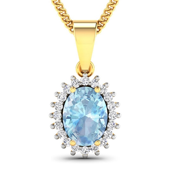 14KT Yellow Gold 1.05CT Oval Cut Aquamarine and White Diamond Pendant w/ 18 Chain (Vault_Q) (QP12194