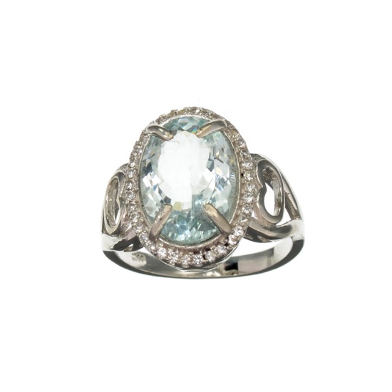 Fine Jewerly 3.65CT Oval Cut Aquamarine And White Sapphire Sterling Silver Ring
