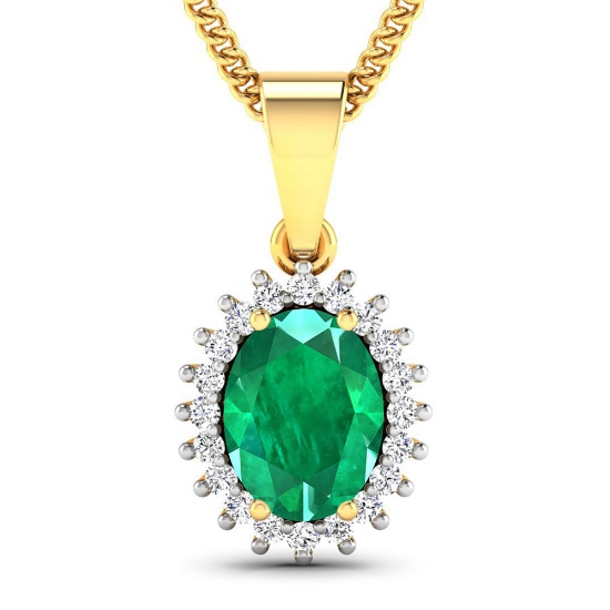 14KT Yellow Gold 1.10CT Oval Cut Zambian Emerald and White Diamond Pendant w/ 18 Chain (Vault_Q) (QP