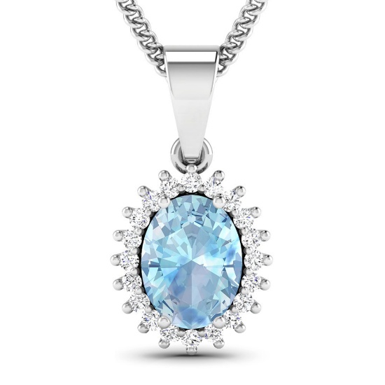 14KT White Gold 1.05CT Oval Cut Aquamarine and White Diamond Pendant w/ 18 Chain (Vault_Q) (QP12194W