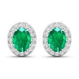 14KT White Gold 2.00CT Oval Cut Zambian Emerald and White Diamond Earrings (Vault_Q) (QE11304WD-14KW